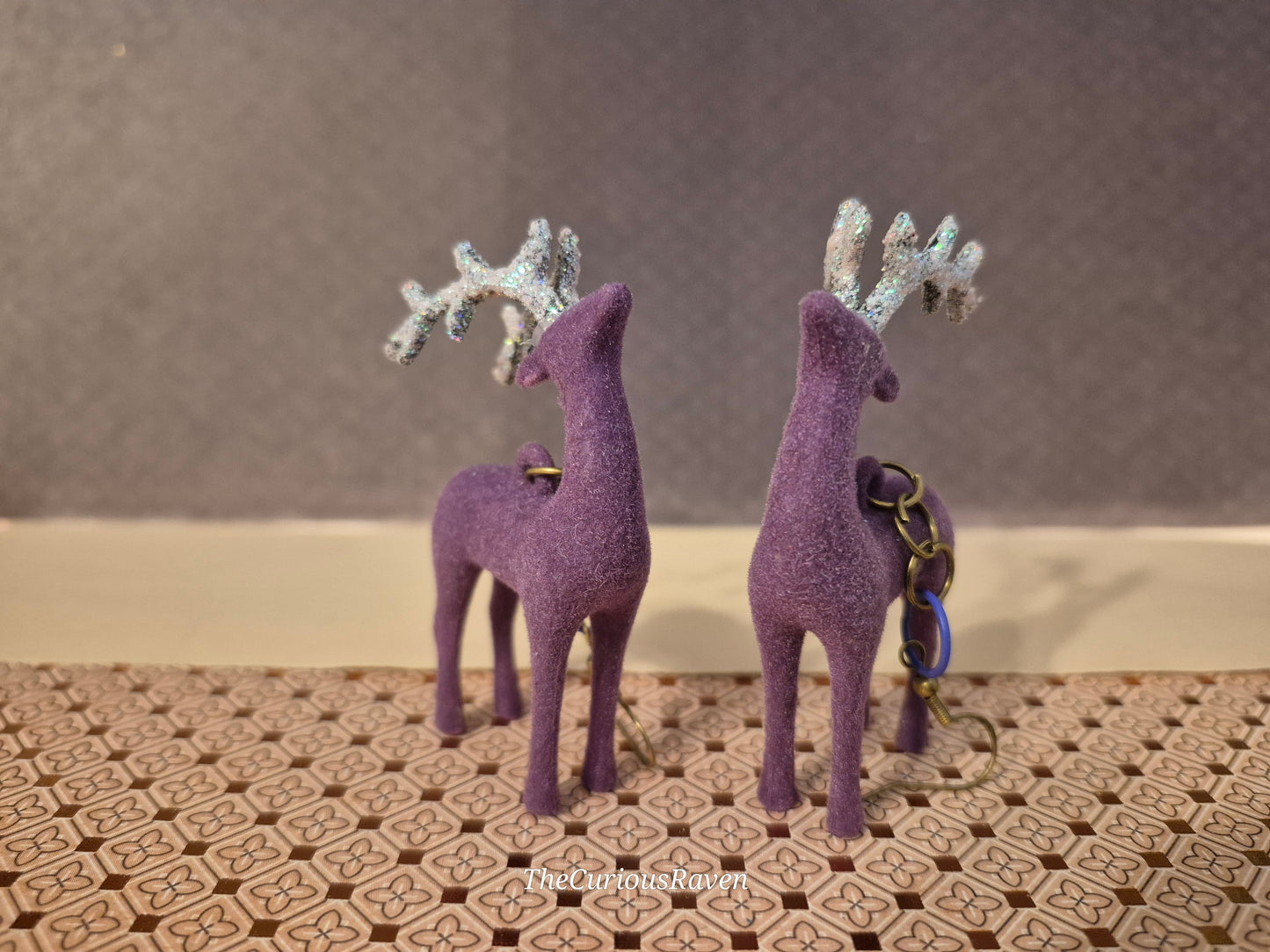 Festive Reindeer Earrings. Purple with Glittered Antlers.