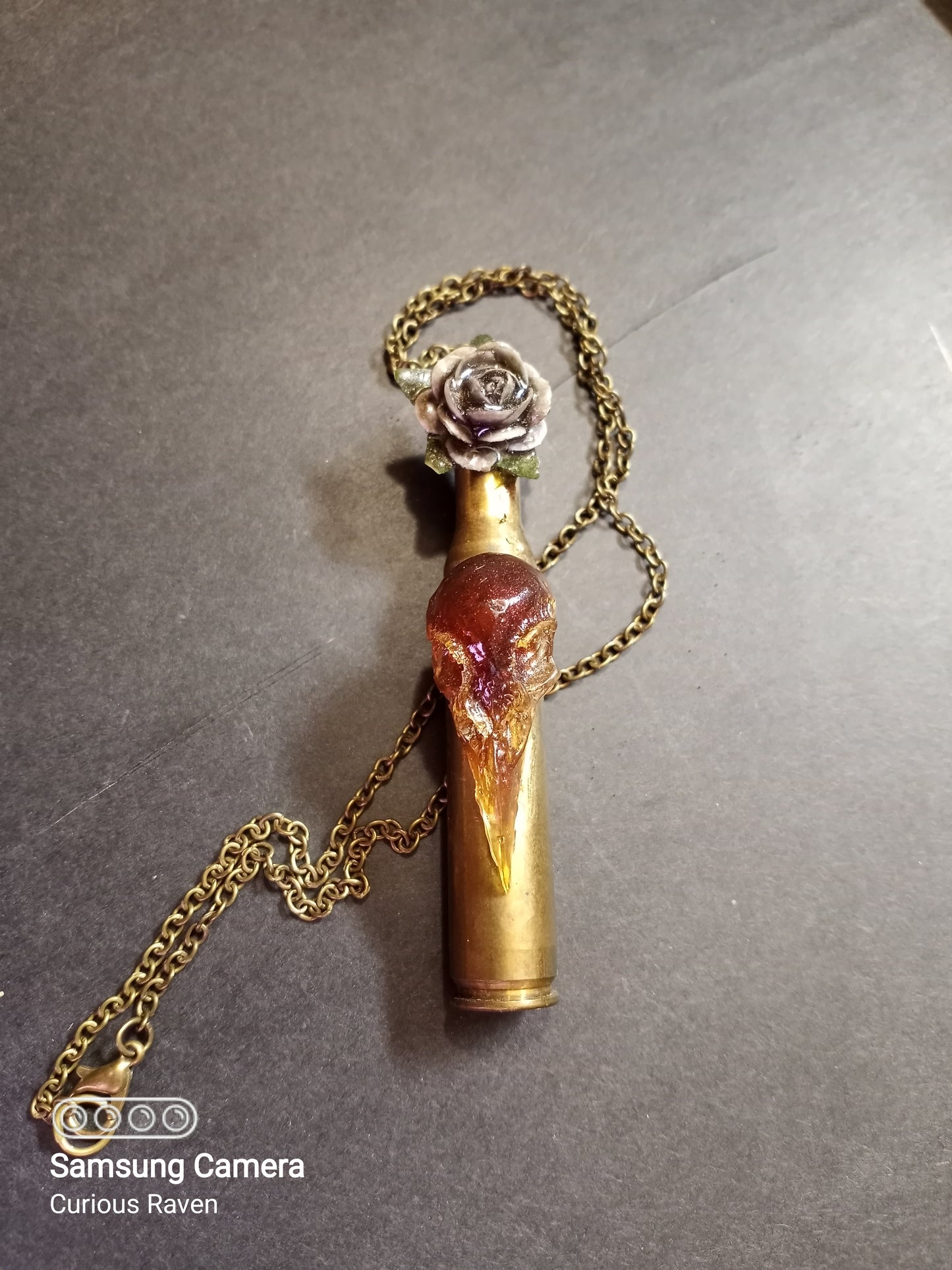 Amber Raven and Rose Shell Casing Necklace