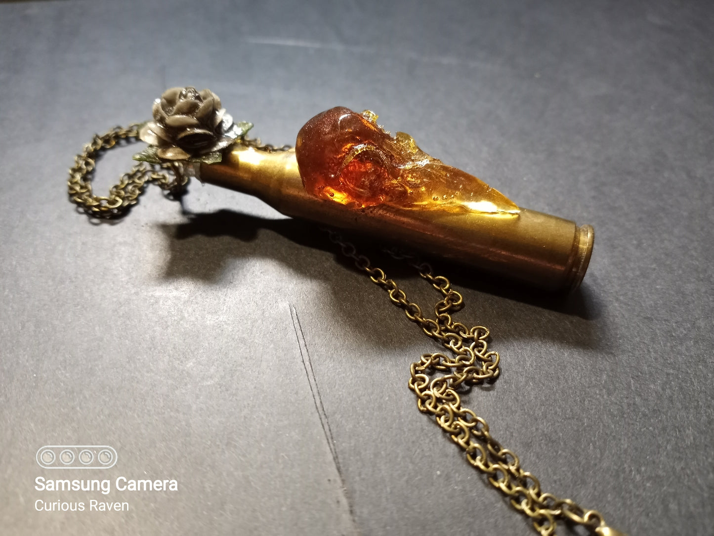 Amber Raven and Rose Shell Casing Necklace