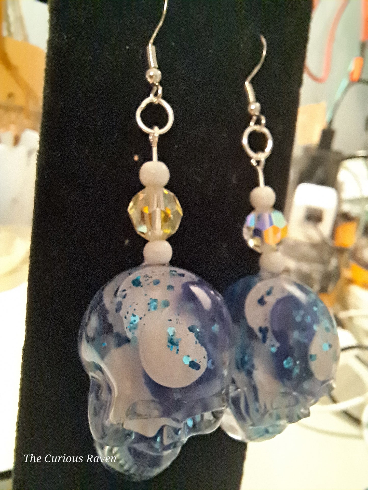 Blue/White Lava Lamp resin Skull Earrings