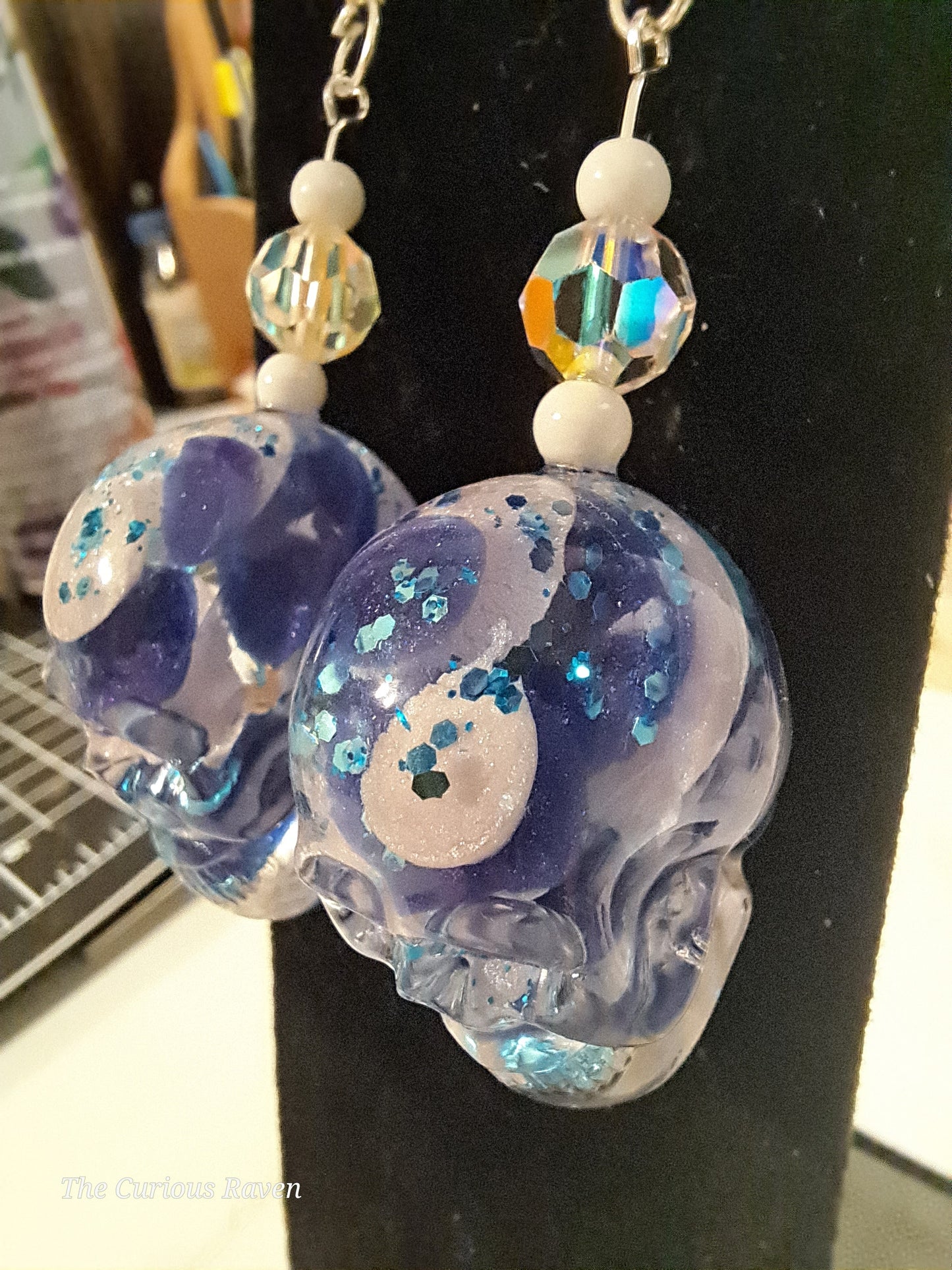 Blue/White Lava Lamp resin Skull Earrings