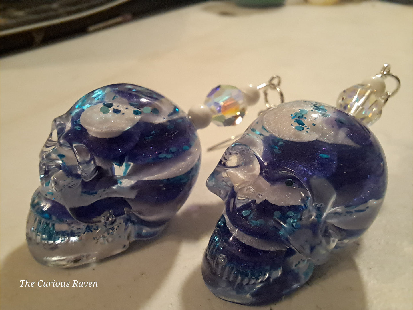 Blue/White Lava Lamp resin Skull Earrings