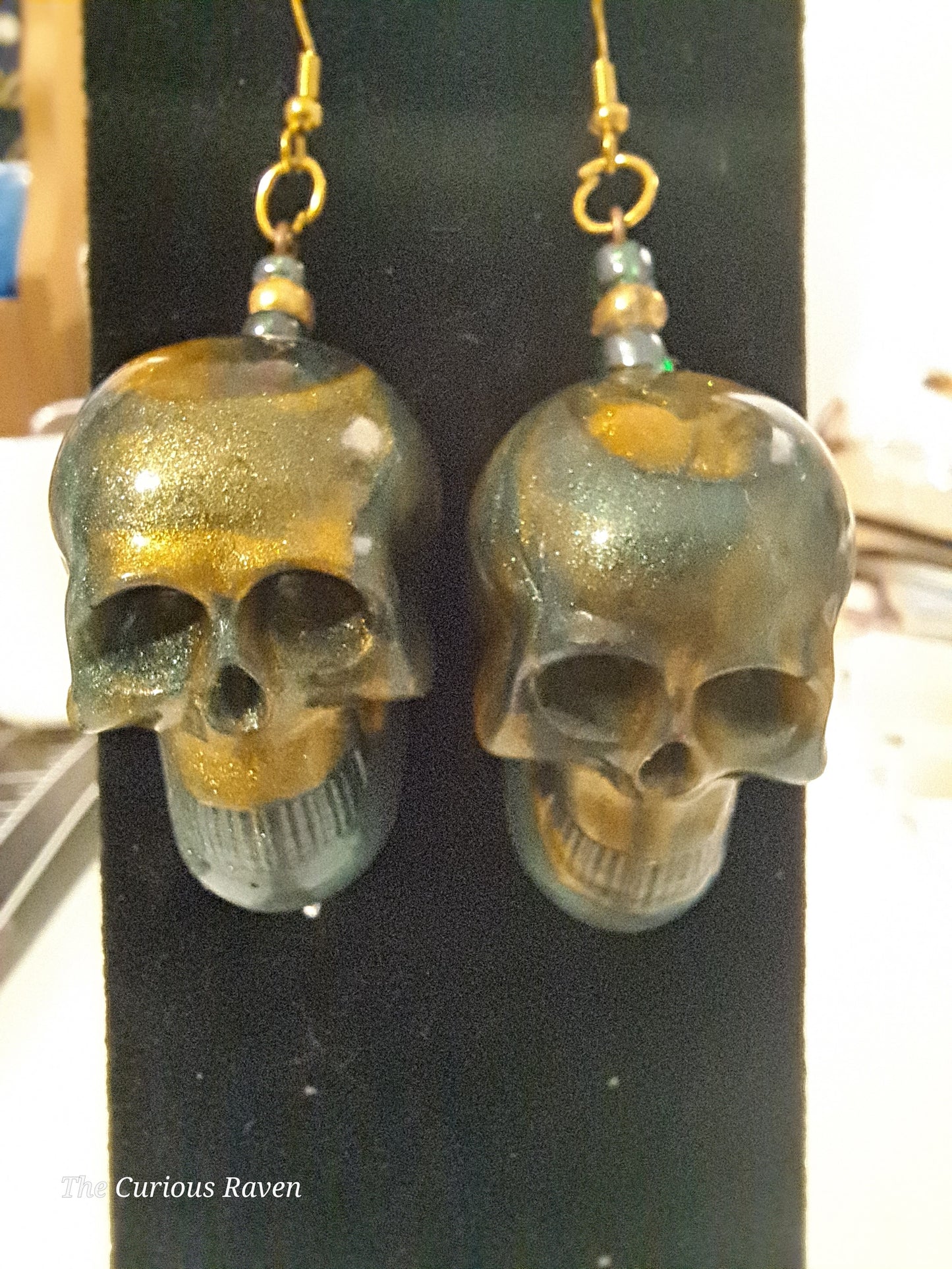 Bronze and Malachite resin Skull Earrings