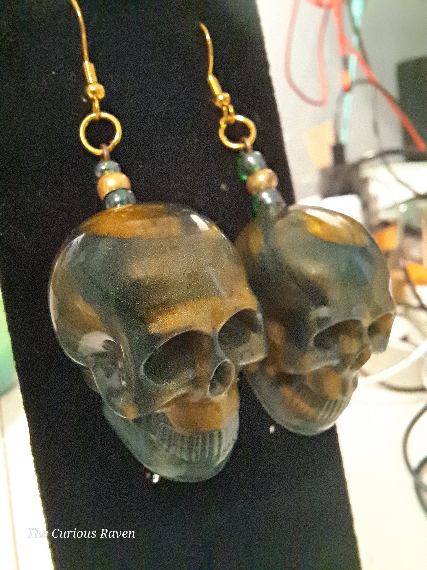 Bronze and Malachite resin Skull Earrings