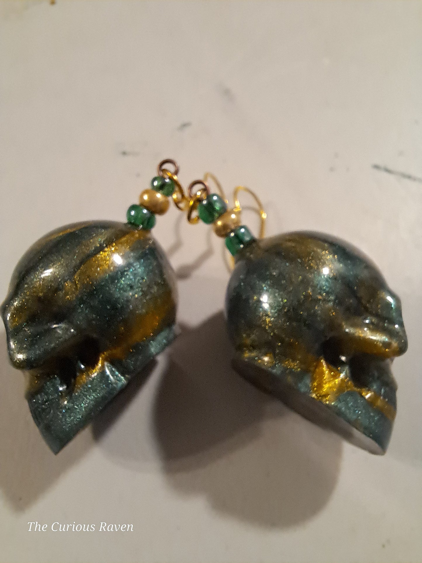 Bronze and Malachite resin Skull Earrings