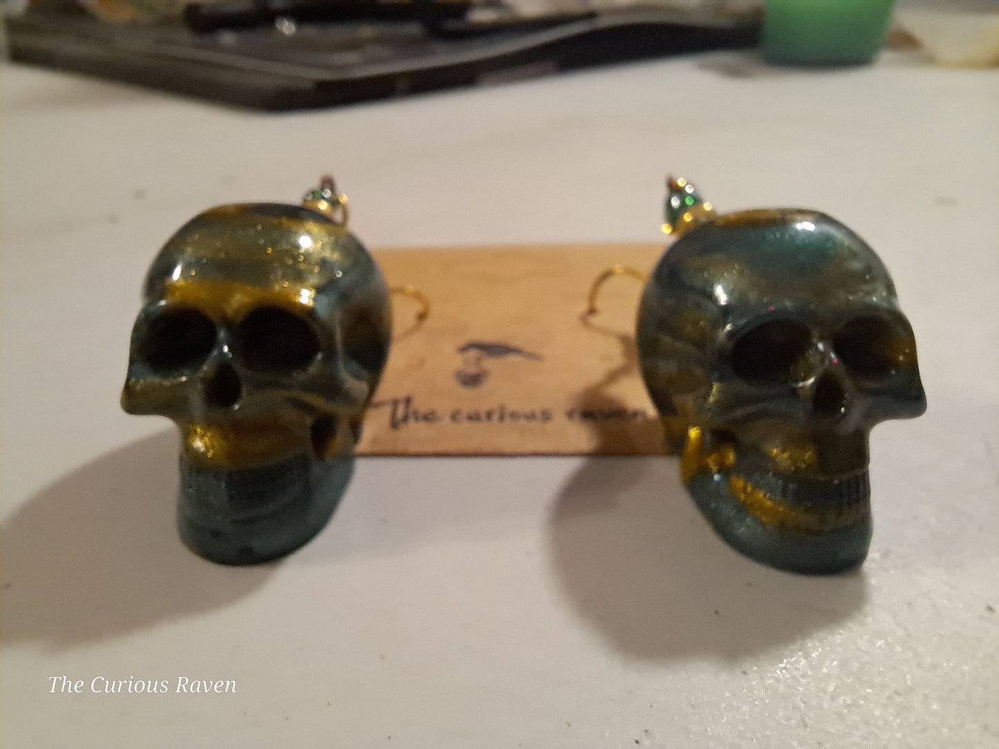 Bronze and Malachite resin Skull Earrings