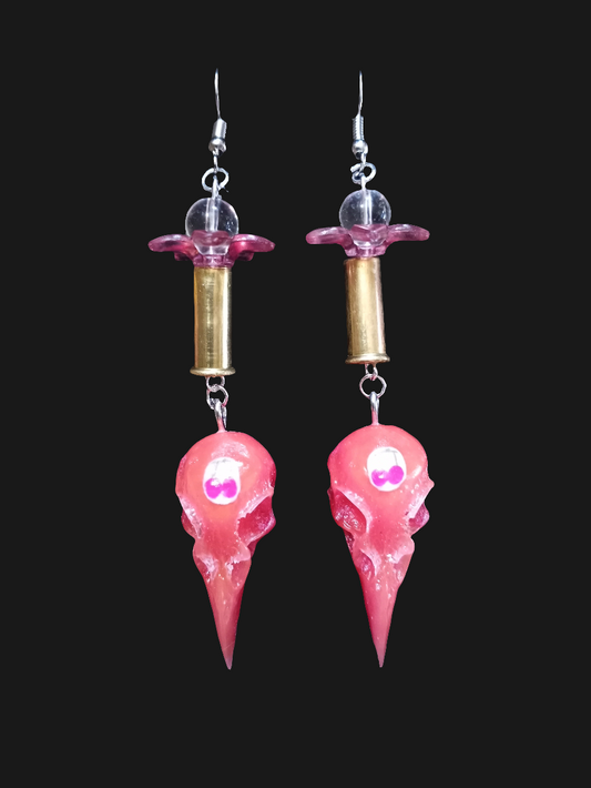 Cherry Glow in the Dark Raven Skull Shell Casing Earrings