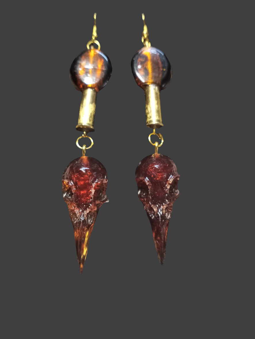 Amber Raven Skull Shell Casing Earrings