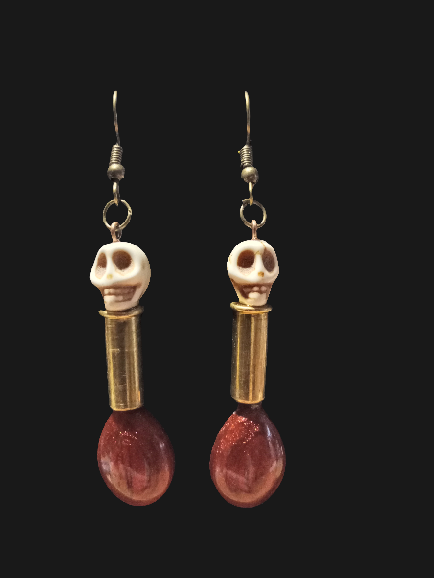 Blood Drip Skull and Shell Casing Earrings