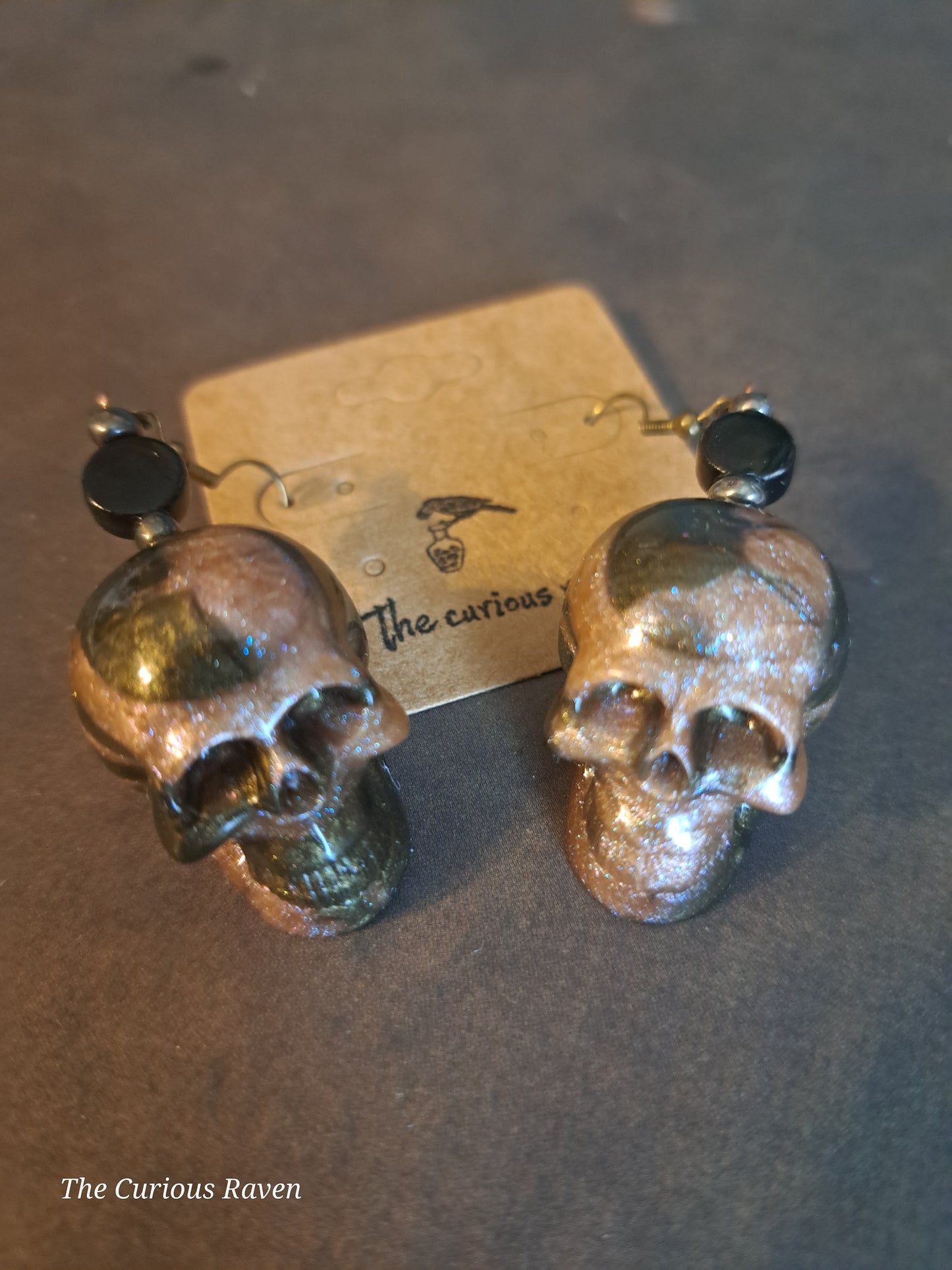 Rose and Bronze Marbled Resin Skull Earrings