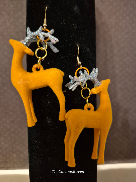 Festive Reindeer Earrings. Orange with Glittered Antlers.