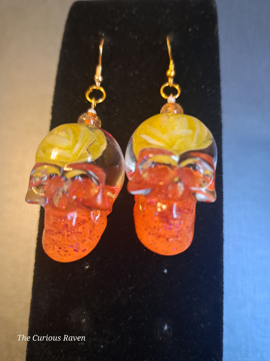 Yellow Rose Glow in the Dark Resin Skull Earrings