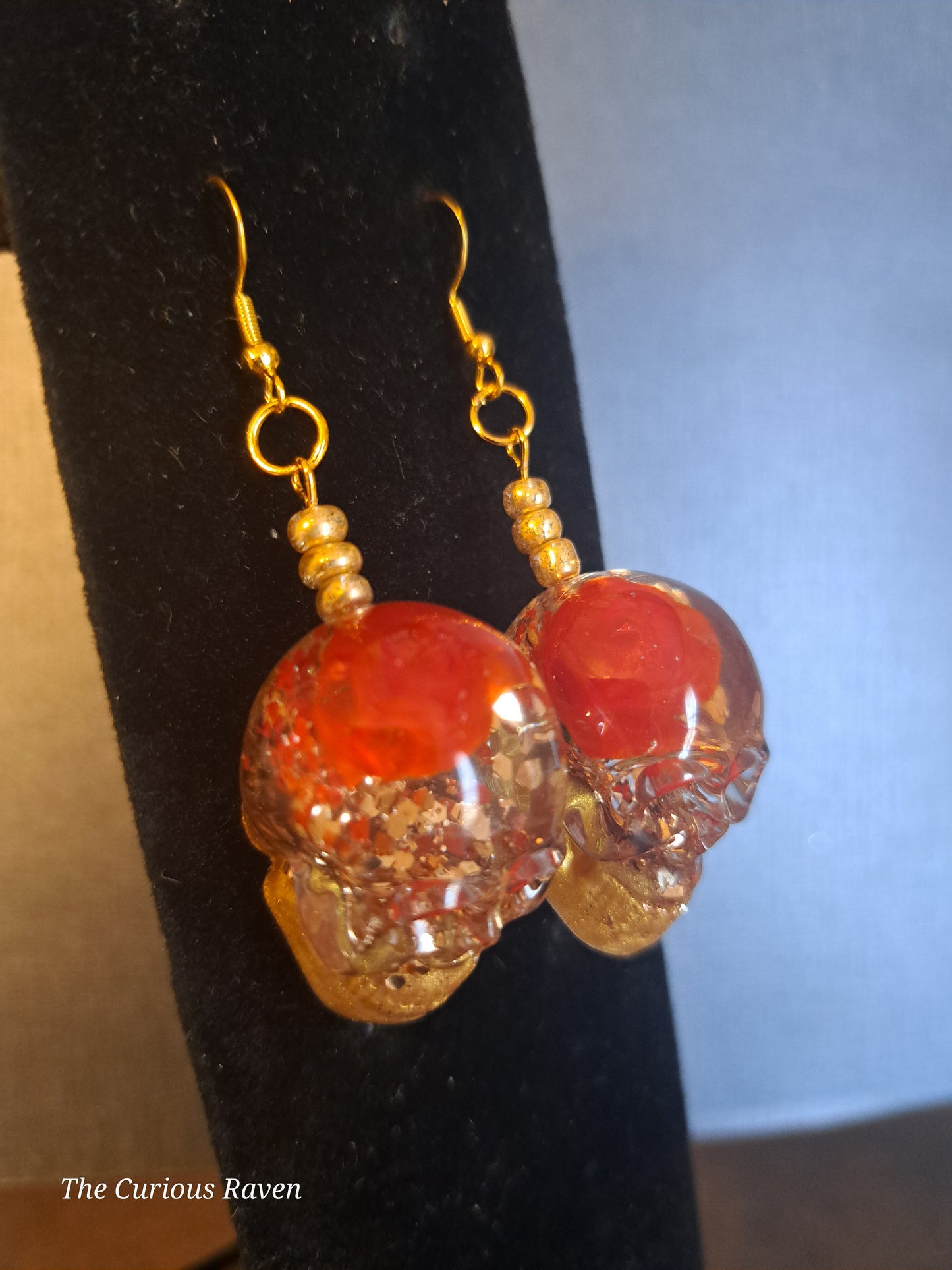 Orange Rose Resin Skull Earrings