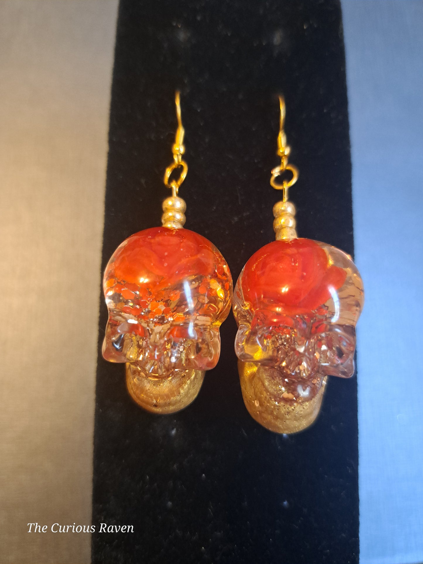 Orange Rose Resin Skull Earrings