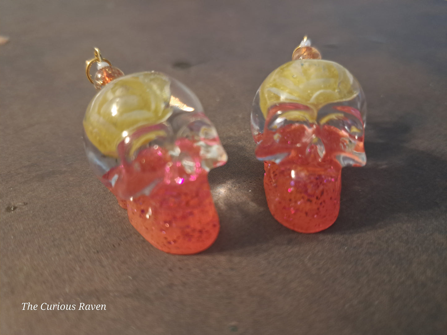 Yellow Rose Glow in the Dark Resin Skull Earrings