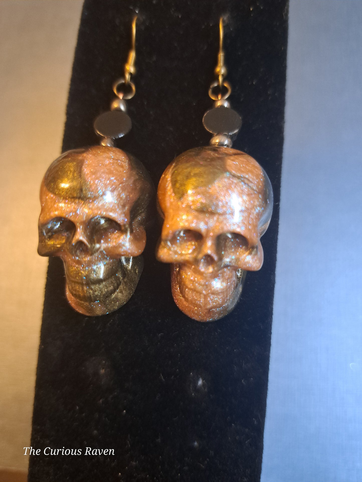 Rose and Bronze Marbled Resin Skull Earrings