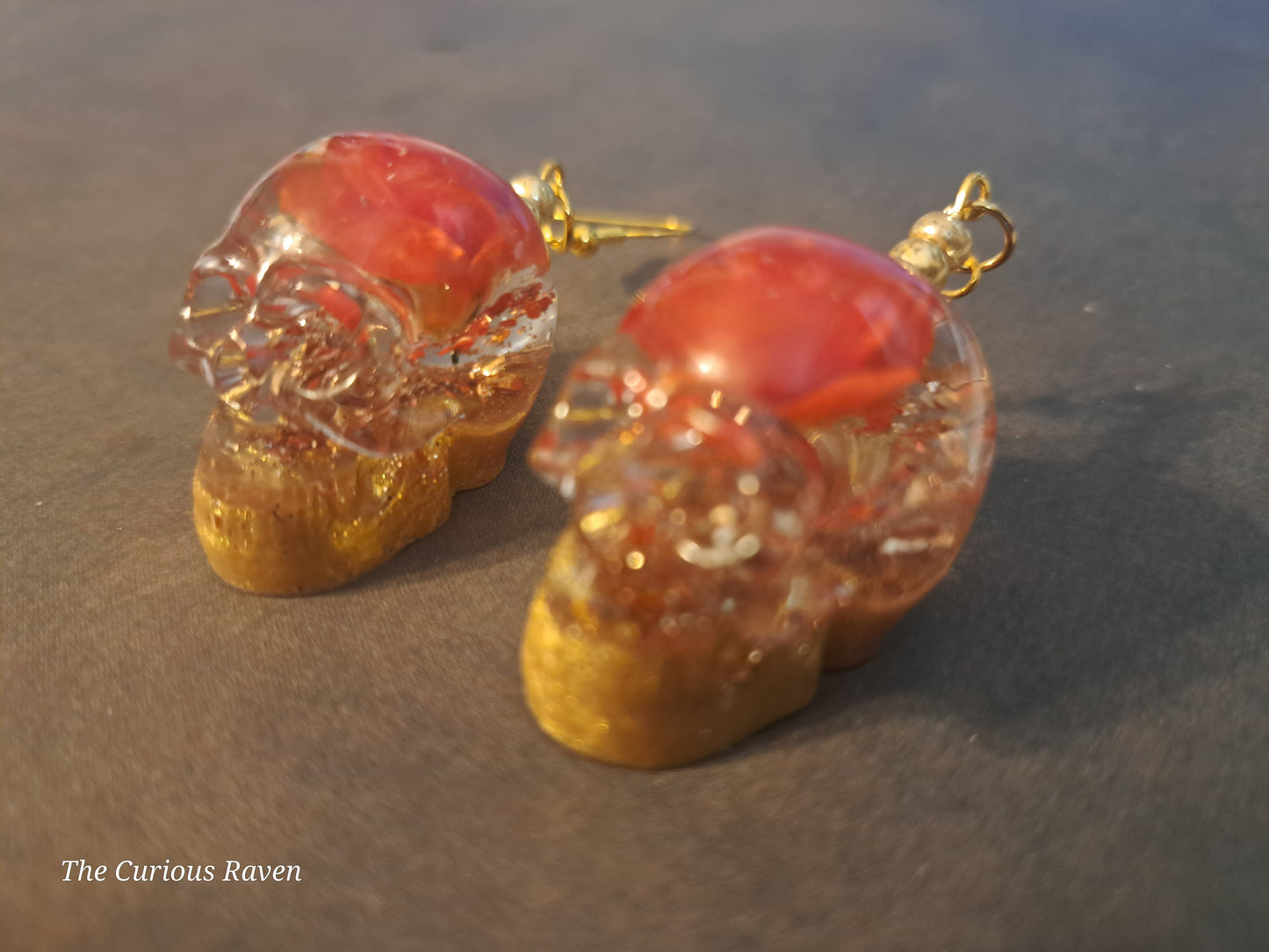 Orange Rose Resin Skull Earrings