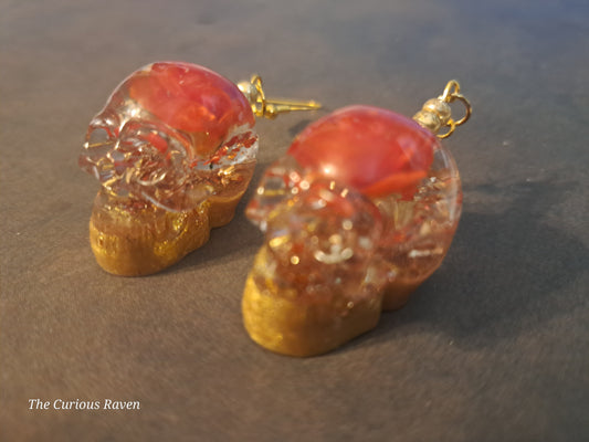 Orange Rose Resin Skull Earrings