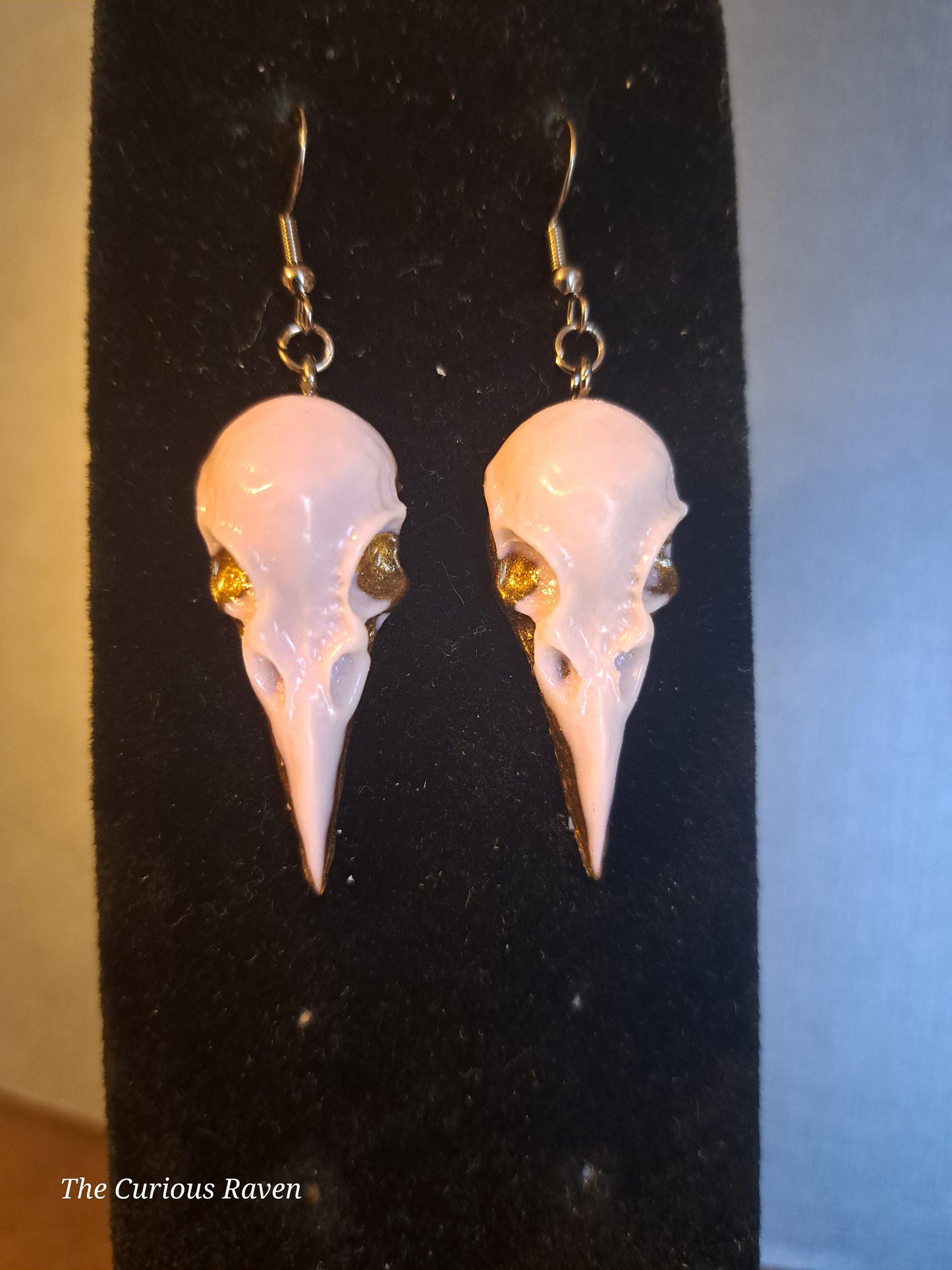 Pearl and Bronze Glow in the Dark Resin Raven Skull Earrings