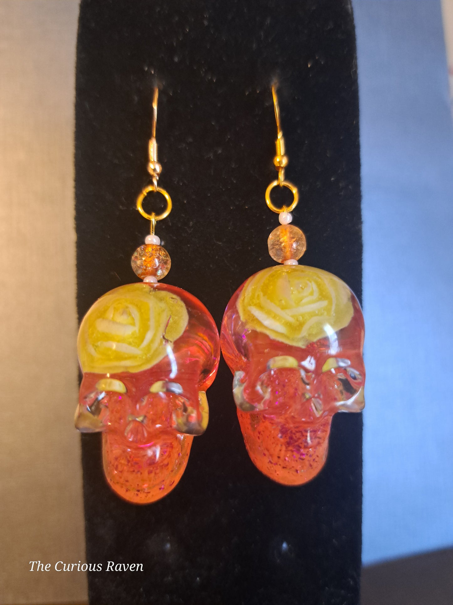 Yellow Rose Glow in the Dark Resin Skull Earrings