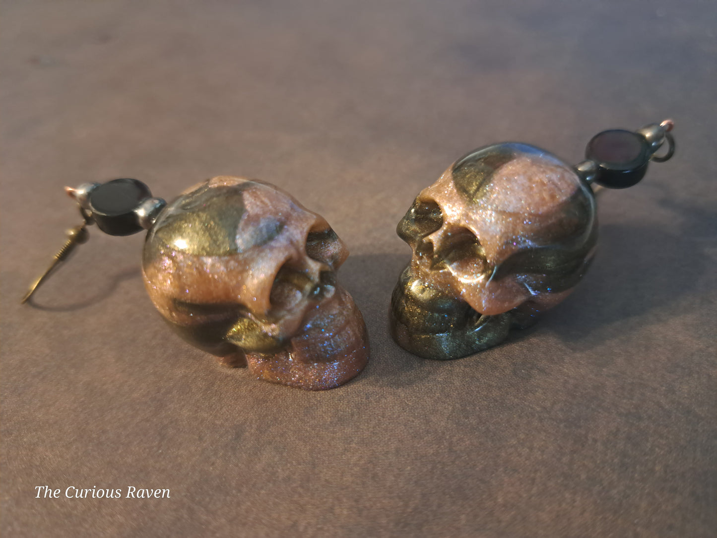 Rose and Bronze Marbled Resin Skull Earrings