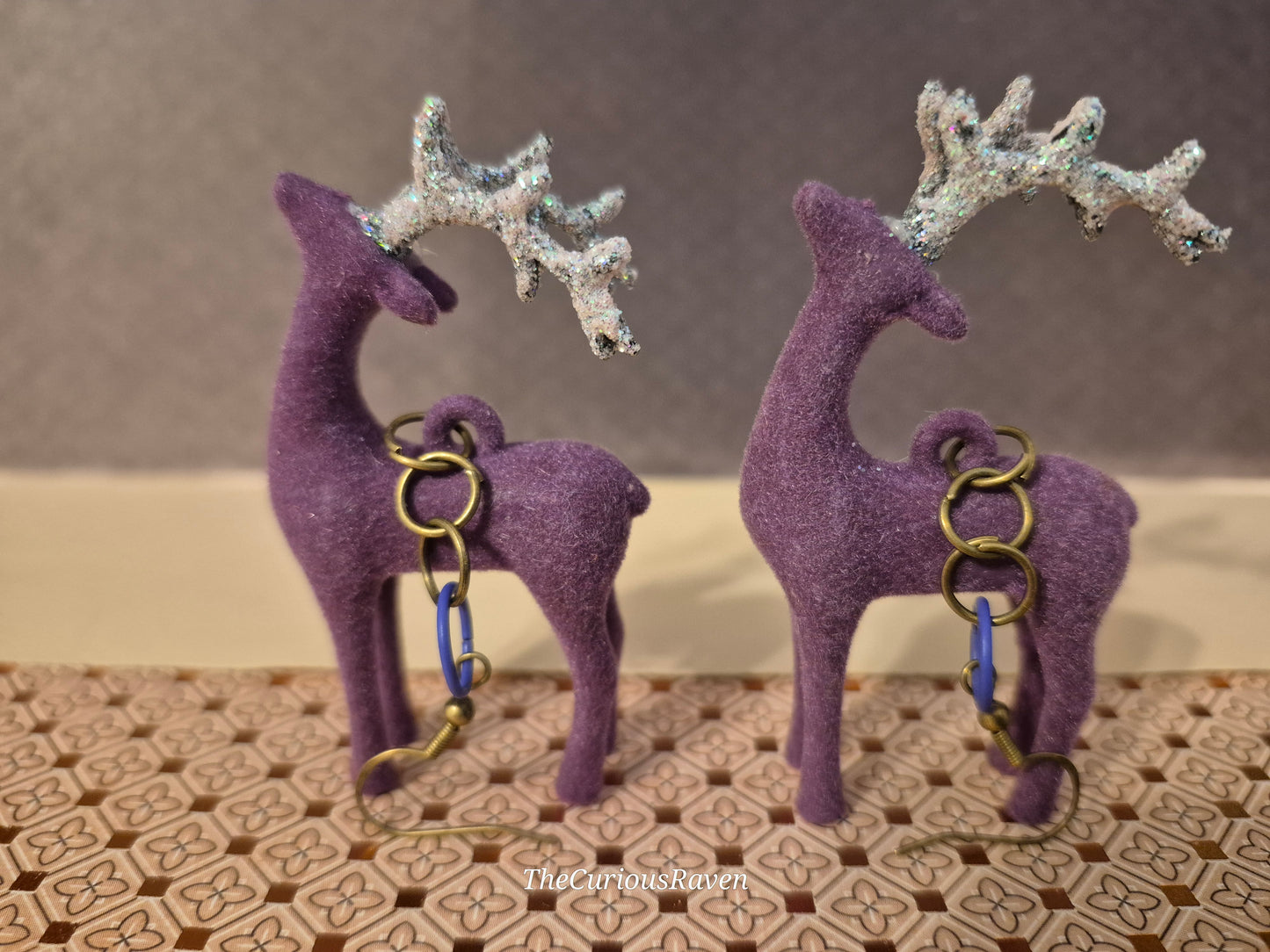 Festive Reindeer Earrings. Purple with Glittered Antlers.