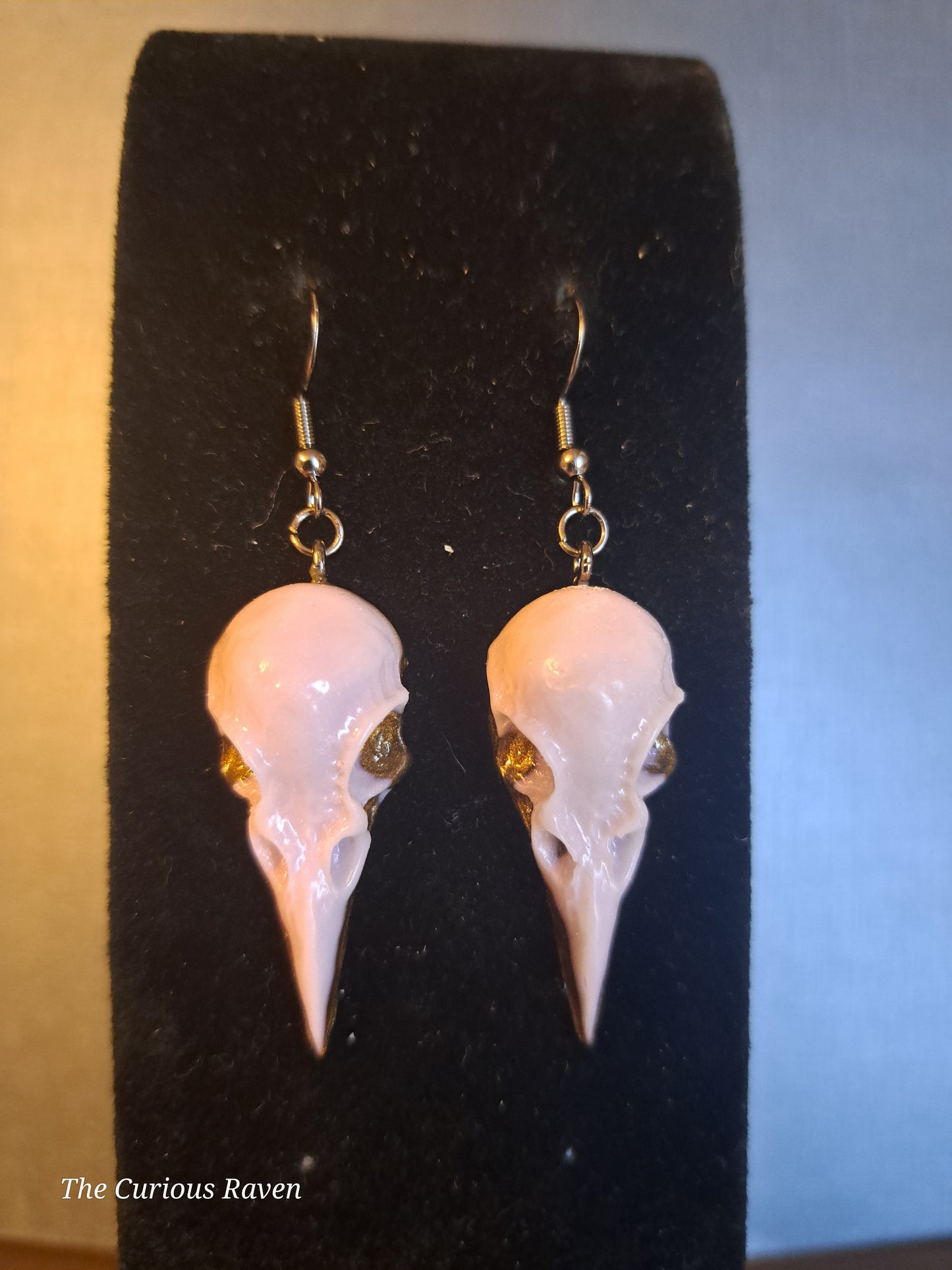 Pearl and Bronze Glow in the Dark Resin Raven Skull Earrings