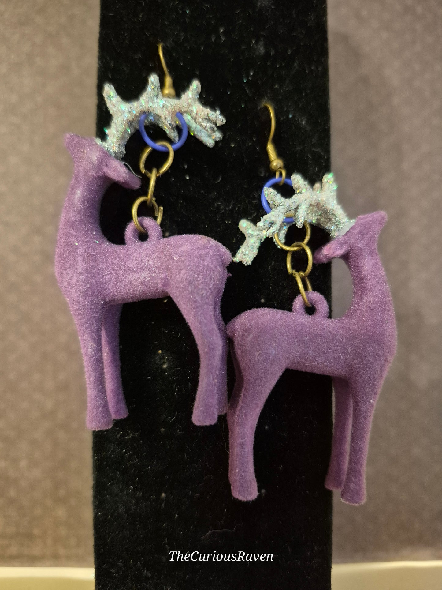 Festive Reindeer Earrings. Purple with Glittered Antlers.