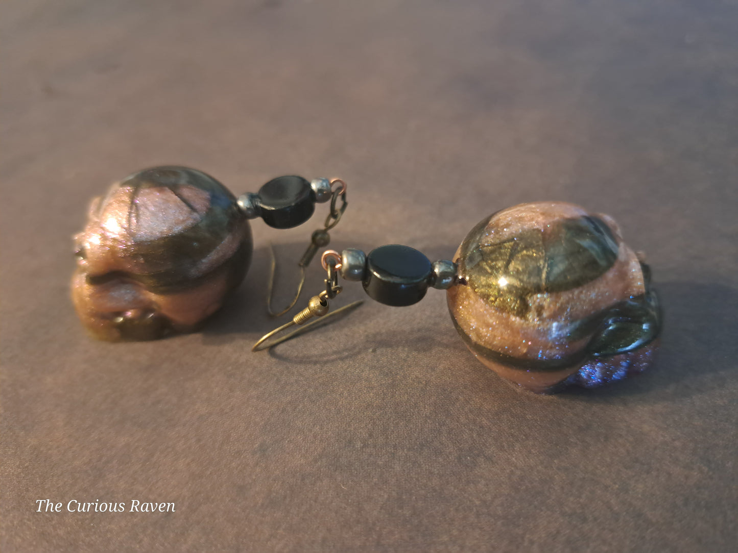 Rose and Bronze Marbled Resin Skull Earrings