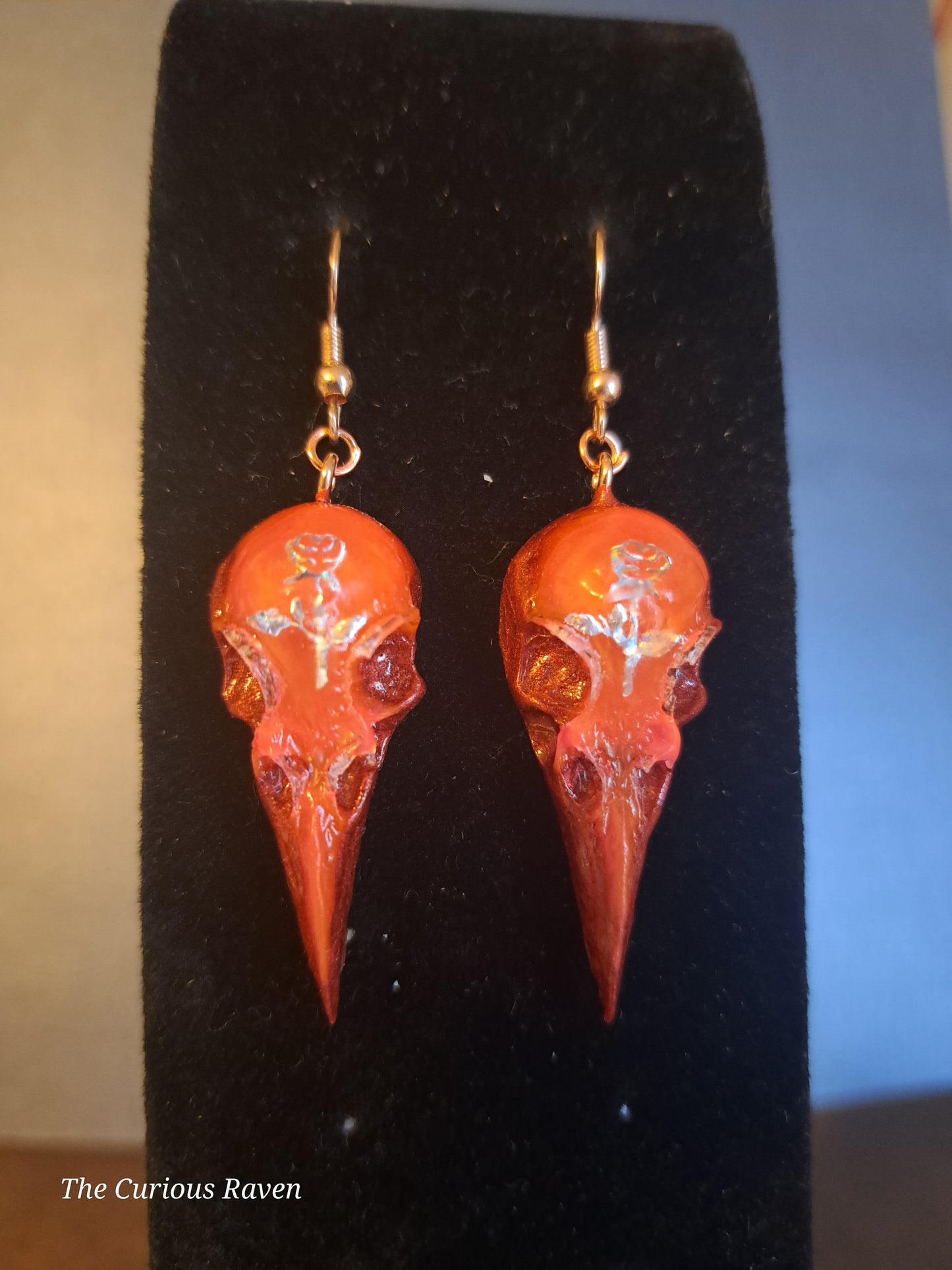 Rose Resin Raven Skull Earrings