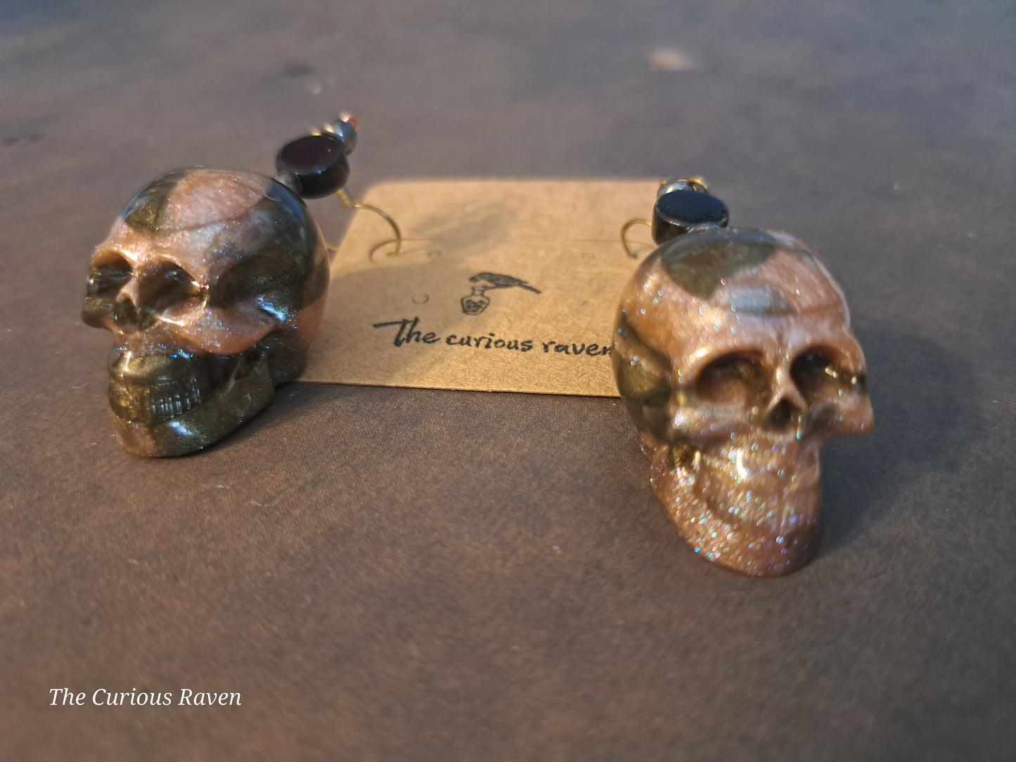 Rose and Bronze Marbled Resin Skull Earrings