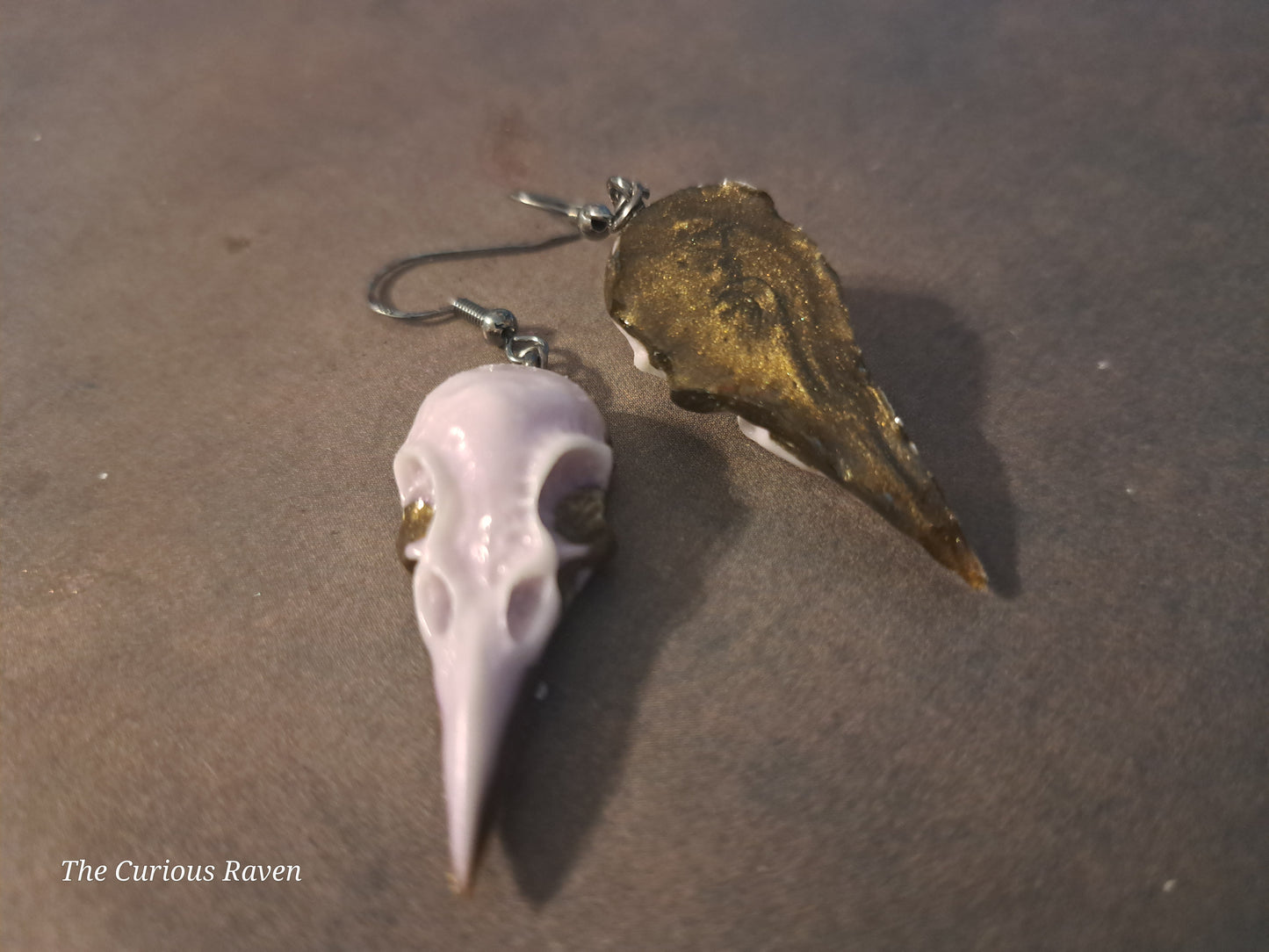 Pearl and Bronze Glow in the Dark Resin Raven Skull Earrings