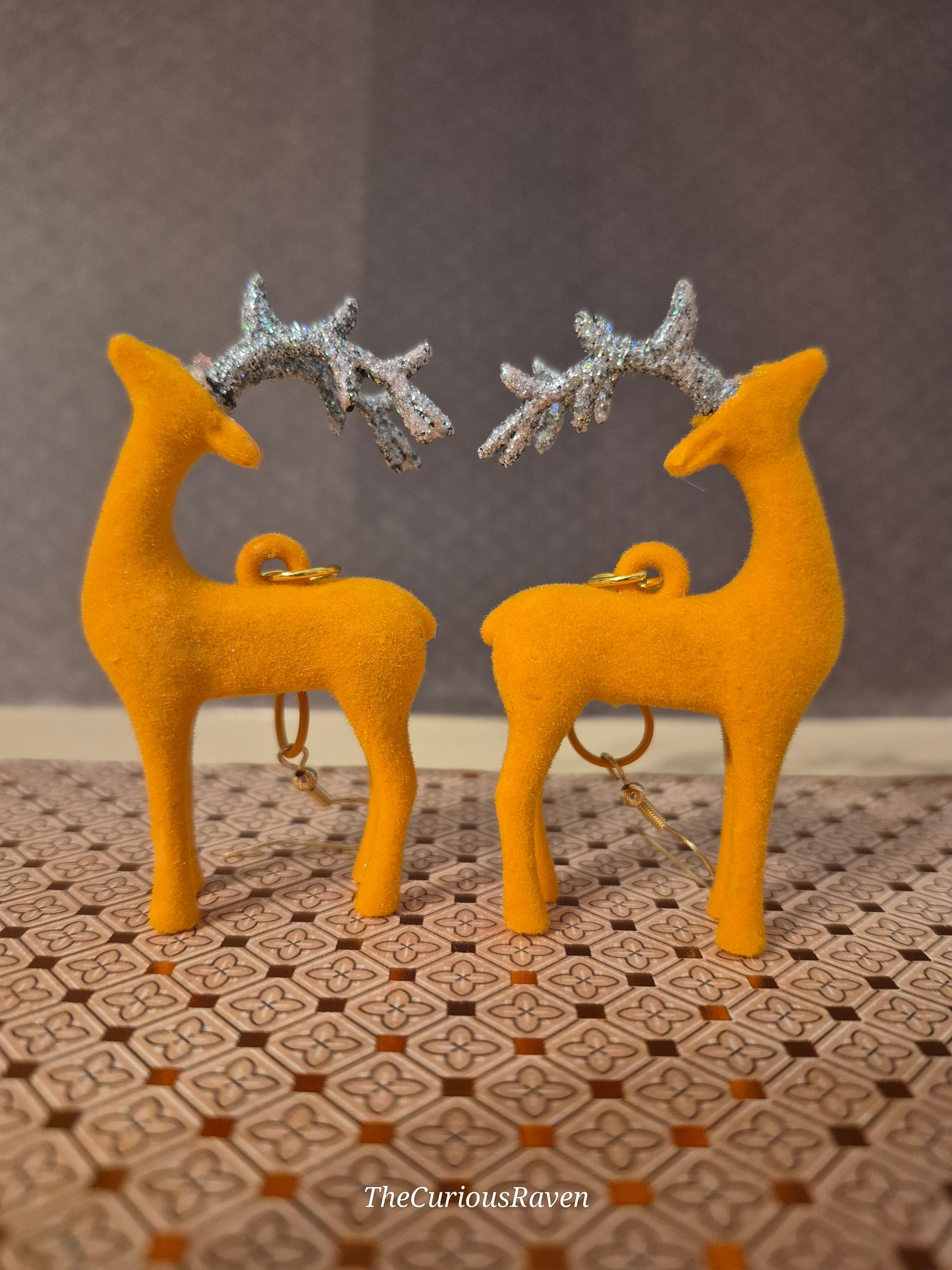 Festive Reindeer Earrings. Orange with Glittered Antlers.