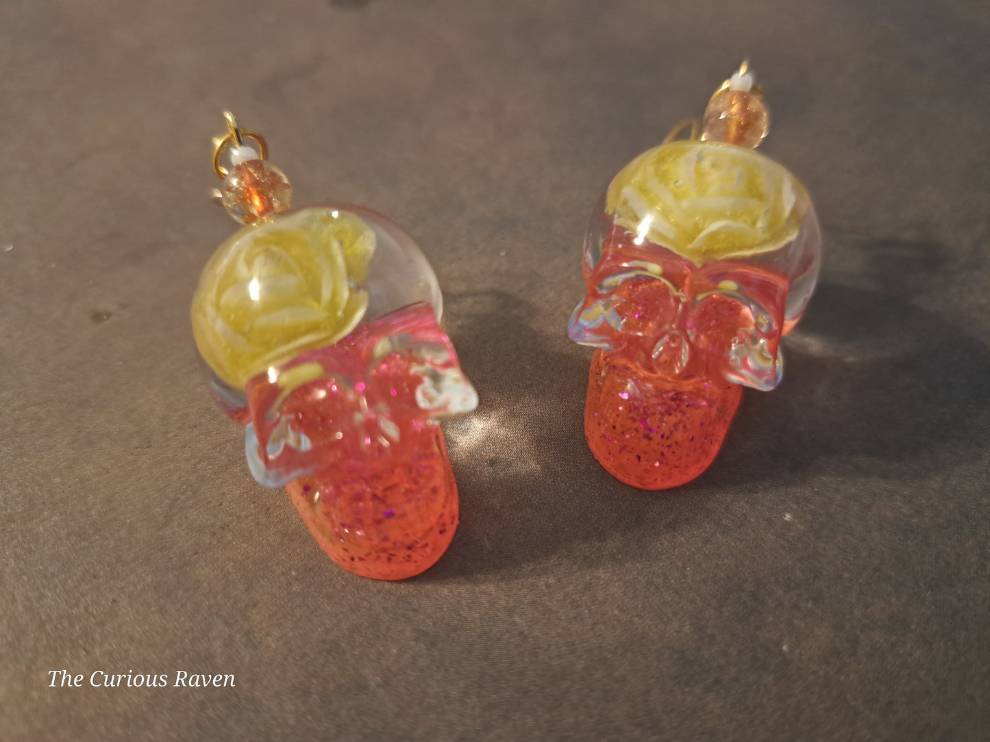 Yellow Rose Glow in the Dark Resin Skull Earrings