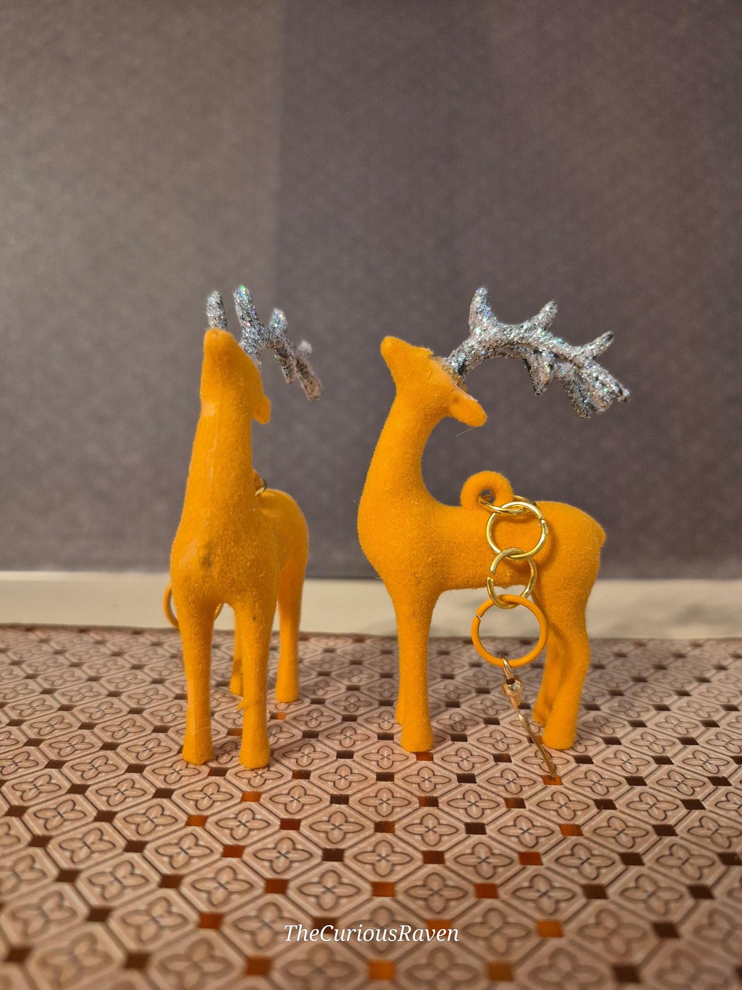 Festive Reindeer Earrings. Orange with Glittered Antlers.