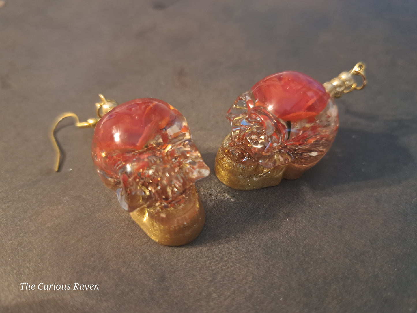 Orange Rose Resin Skull Earrings