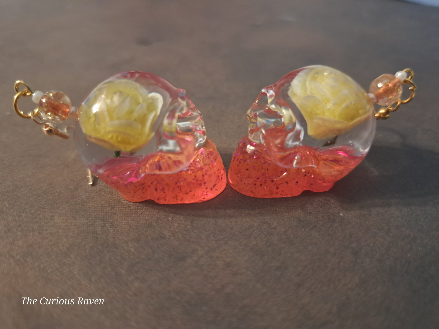 Yellow Rose Glow in the Dark Resin Skull Earrings