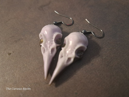 Pearl and Bronze Glow in the Dark Resin Raven Skull Earrings