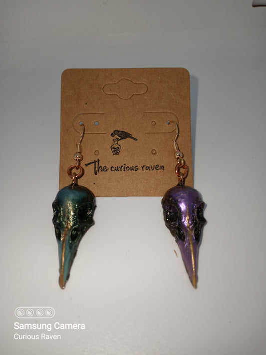 Evergreen and Electric Purple Raven Skull Earrings