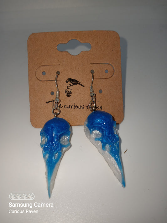 Electric Blue and Pearl Raven Skull Earrings