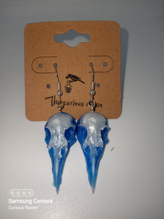 Pearl and Electric Blue Raven Skull Earrings