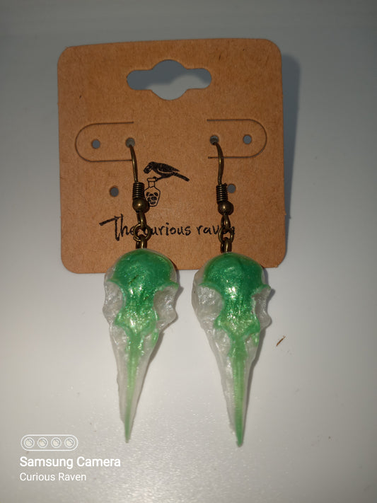 Seafoam and Pearl Raven Skull Earrings