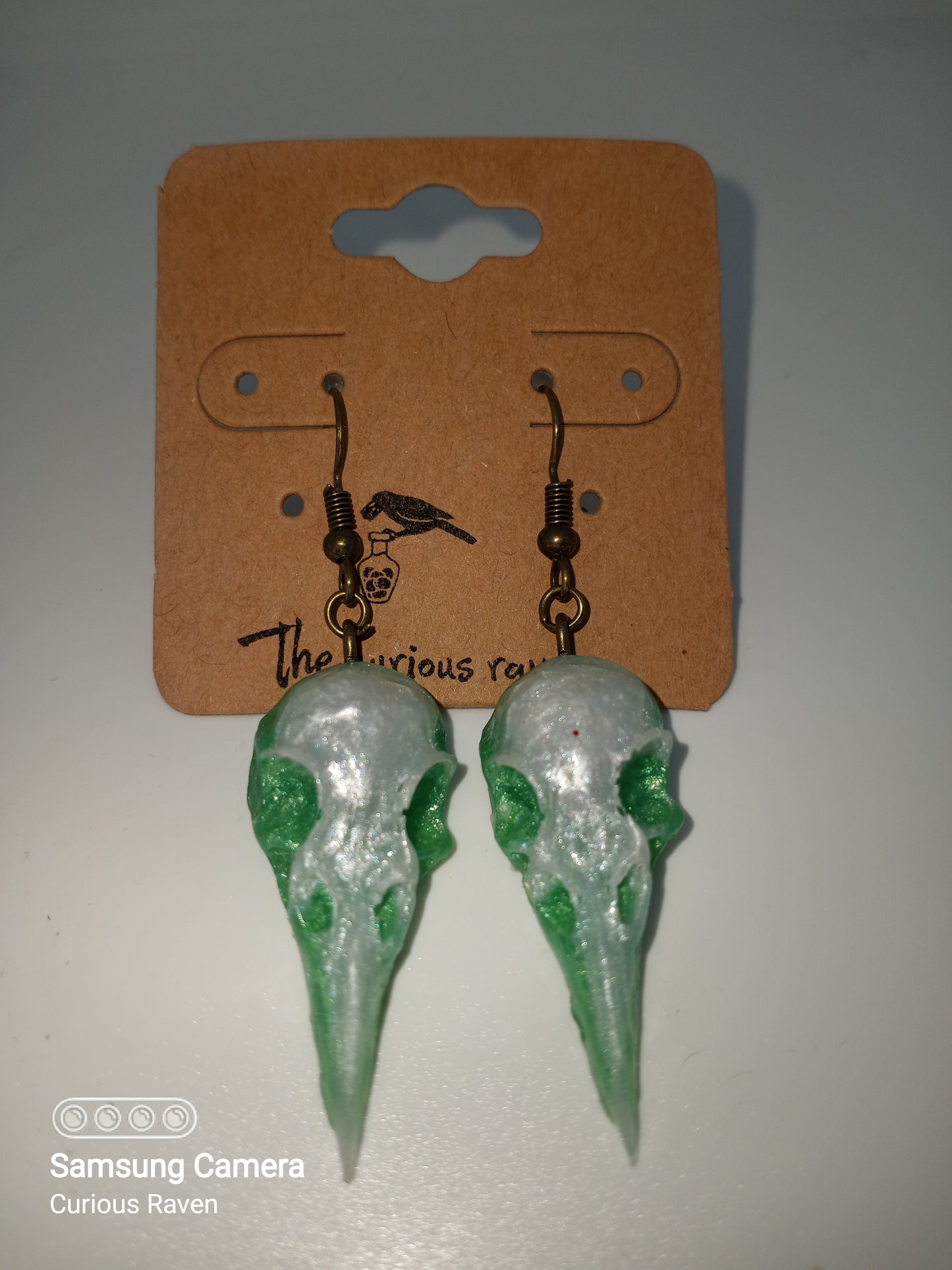 Pearl and Seafoam Raven Skull Earrings