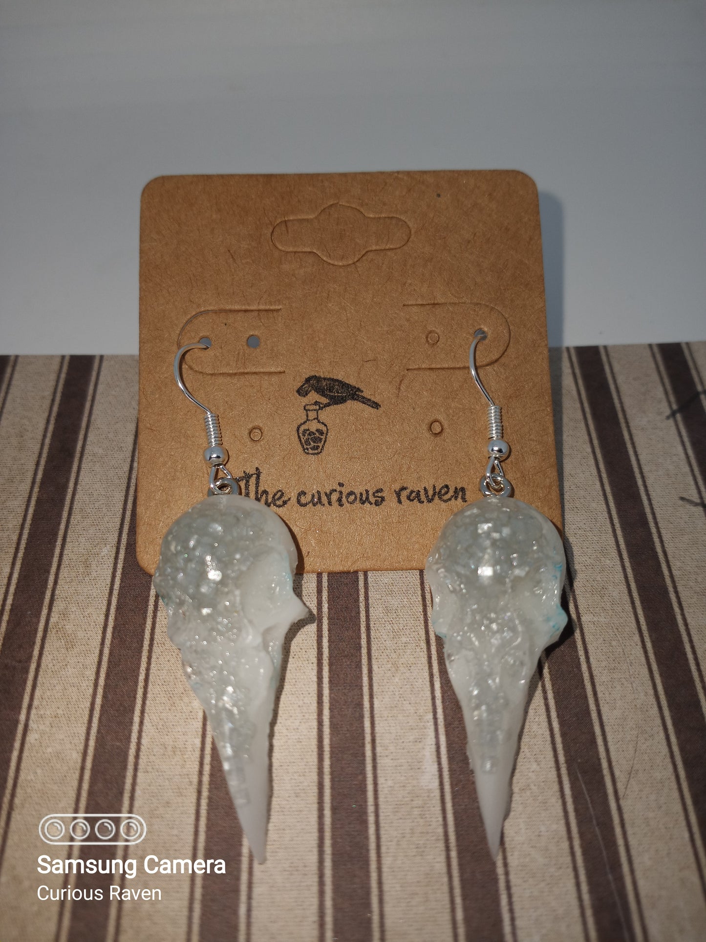 Glow in the Dark White Glitter Raven Skull Earrings