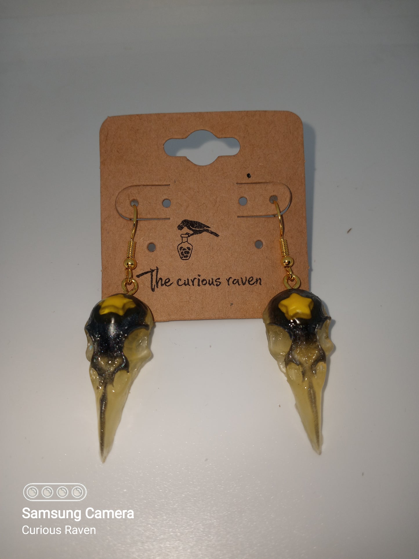 Glow in the Dark Goldenrod Raven Skull Earrings