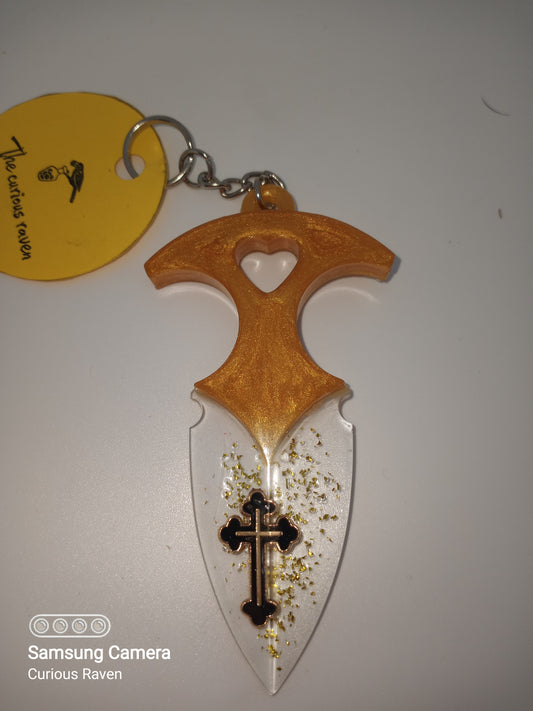 Gold with Cross Decorative Resin Prop Dagger Keychain