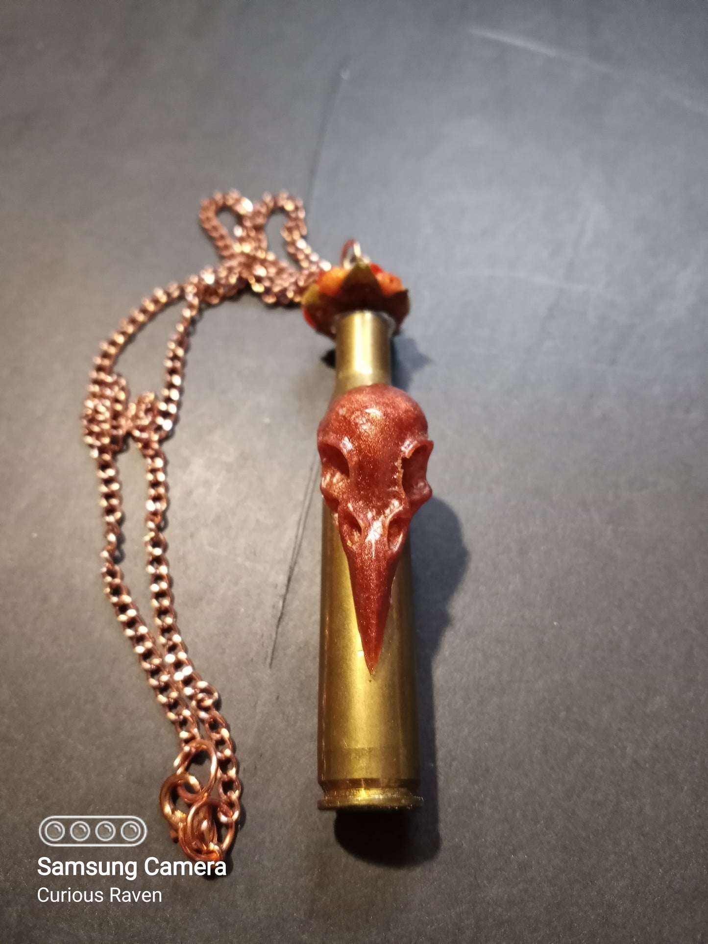 Copper Raven and Rose Shell Casing Necklace