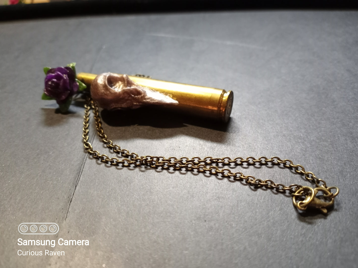 Lavender Raven and Rose Shell Casing Necklace