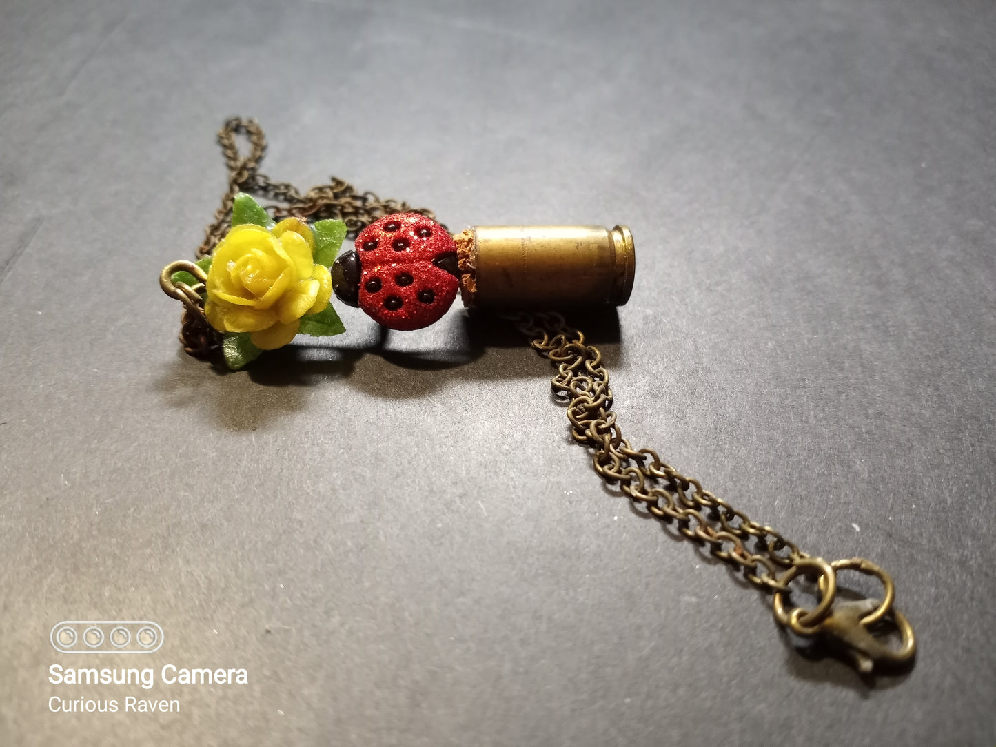 Yellow Rose and Ladybug Shell Casing Necklace