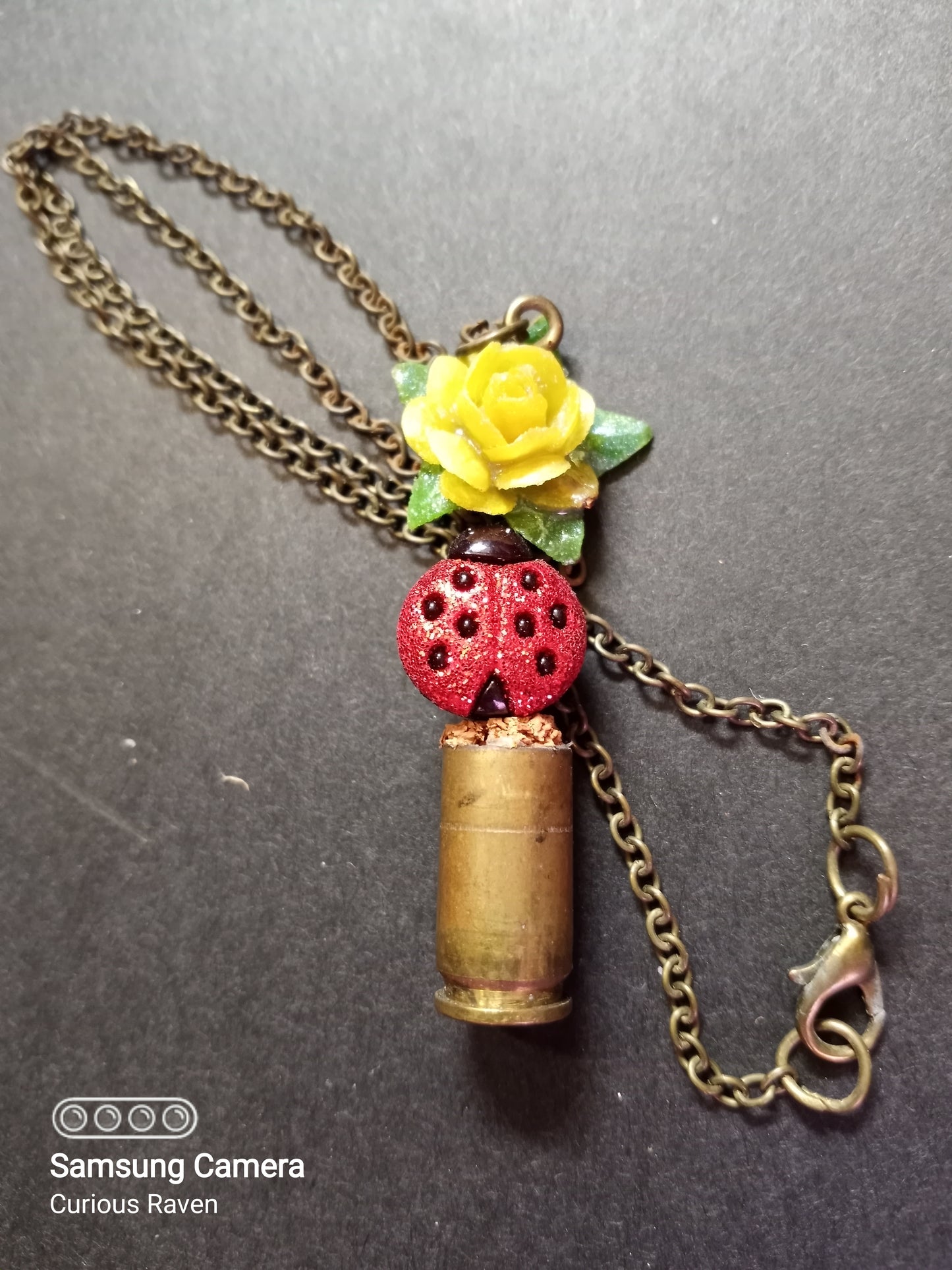 Yellow Rose and Ladybug Shell Casing Necklace